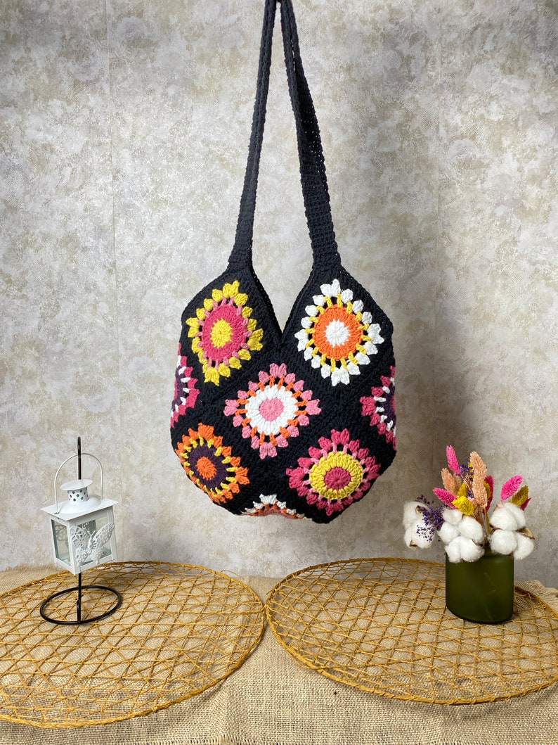 Crochet Tote Bag, Boho Bag, Handmade Purse, Shoulder bag, Day Bag, Cotton Bag, Woman Bag, Crossbody Bag, Granny Square Bag, Hippie Tote Bag image 7
