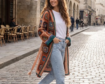 Crochet Granny Square Hooded Cardigan | Handmade Boho Knit Coat | Festival Sweater | Long Hippie Cardigan | Fall Winter Women’s Jacket