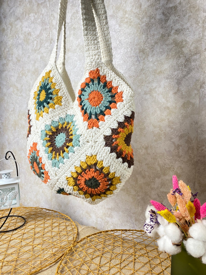 Crochet shoulder bag, Granny square bag, Gift For Birthday, Bohemian style purse, Sunflower vintage bag, Afghan Bag, Gift for Woman purse image 3