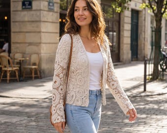 Beige Crochet Cardigan for Women Boho Lace Jacket Lightweight Knit Sweater Cottagecore Clothing Festival Outfit Gift for Her