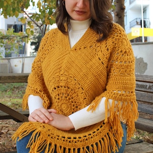 Crochet Ponchos, Oversize sweater, Lightweight Sweater, Winter Women&#39;s Crochet Sweater, Boho Poncho, Gift For Her, Hand Knit Tasseled Poncho