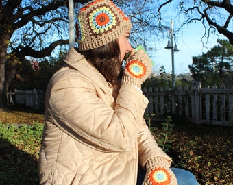 Crochet Winter Accesory, Knitted Beanie and Gloves, Gift For Woman, Granny Square Beanie Set, Handmade Crochet Accessory, Multicolor collar