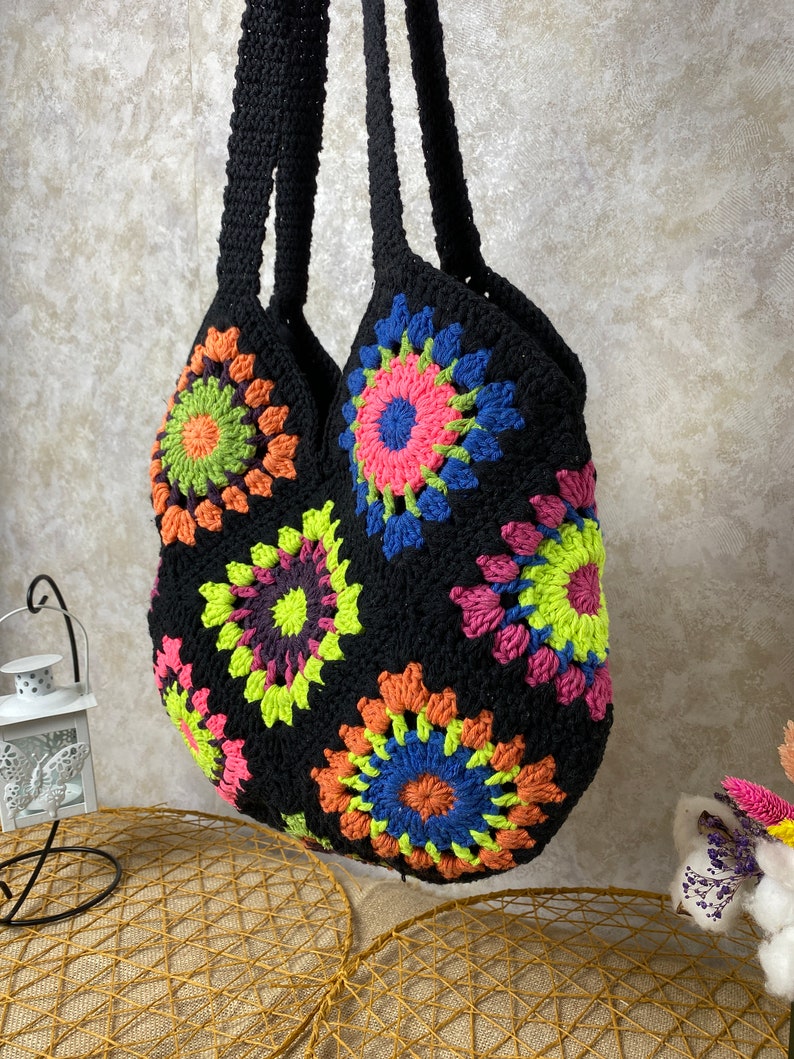 Crochet Tote Bag, Boho Bag, Handmade Purse, Shoulder bag, Day Bag, Cotton Bag, Woman Bag, Crossbody Bag, Granny Square Bag, Hippie Tote Bag image 6