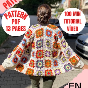 May include: A crochet cardigan with a colorful granny square pattern. The cardigan is white with multi-colored squares in shades of red, orange, yellow, green, blue, and purple. The pattern includes the text "PATTERN PDF 13 PAGES", "100 MIN TUTORIAL VİDEO", "EN 4 SIZE S-M-L-XL".