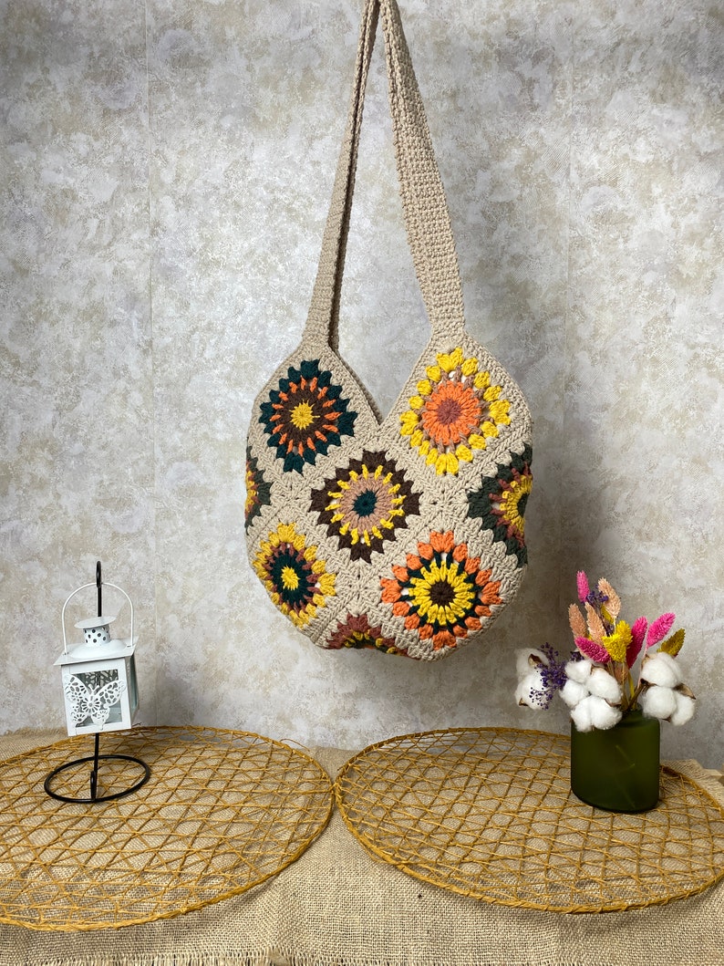 Granny Square Bag, Woman Purse, Crochet Bag, Gift For Birthday, Boho bag, Hobo Bag, Bohemian Women's Bag, Sun Flower Bag, Handmade Bag, Gift image 3