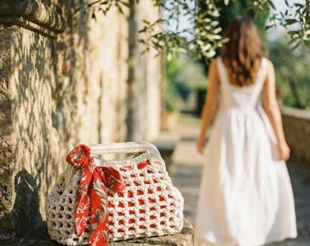 Handmade Crochet Raffia Bag with Scarf Detail, Boho Beach Tote