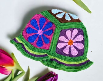 Gorro bohemio de algodón tejido a crochet, diseño cuadrado de la abuela
