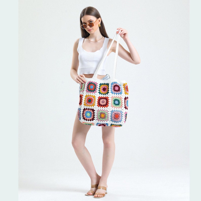 Crochet Bag, Crochet Purse, Granny Square Woman Bag, Crochet tote Bag, Retro Bag, Hippie Bag, Gift for Her, Boho Bag, Vintage Style Bag image 10