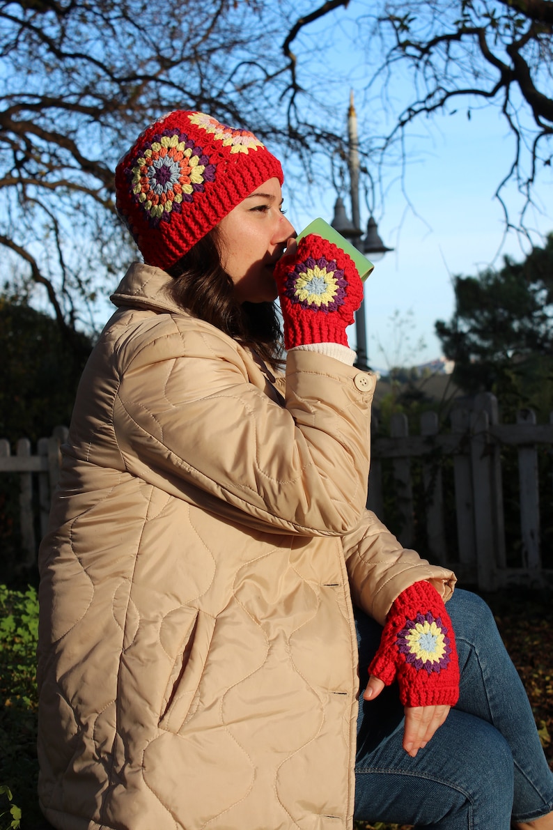 Crochet Winter Accesory, Knitted Beanie and Gloves, Gift For Woman, Granny Square Beanie Set, Handmade Crochet Accessory, Multicolor collar image 6