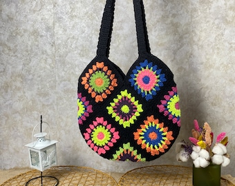 Crochet Tote Bag, Boho Bag, Handmade Purse, Shoulder bag, Day Bag, Cotton Bag, Woman Bag, Crossbody Bag, Granny Square Bag, Hippie Tote Bag