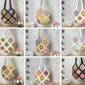 May include: Nine crocheted bags with different color combinations. Each bag has a square pattern with a variety of colors, including pink, yellow, blue, green, and white. The bags are all made with a thick yarn and have a simple, casual style.