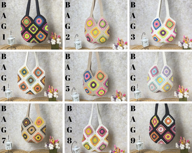 May include: Nine crocheted bags with different color combinations. Each bag has a square pattern with a variety of colors, including pink, yellow, blue, green, and white. The bags are all made with a thick yarn and have a simple, casual style.