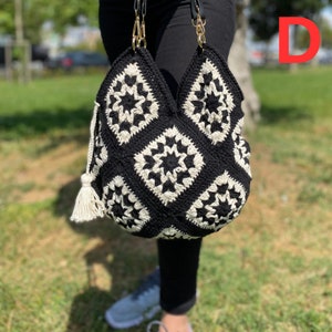 Black and White Crochet Bag, Boho Bag, Vintage Bag, Bag for Woman, Gift For Her, Large CrochetTote Bag, Black Bag, Shoulder Bag, Hobo Bag D