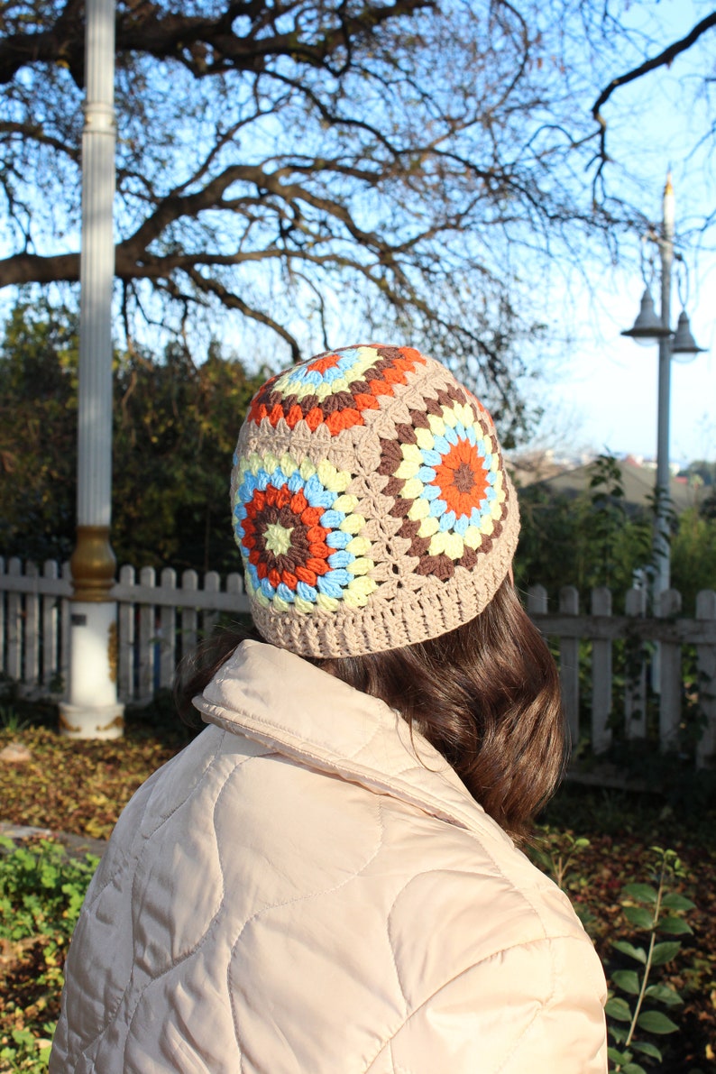 Crochet Winter Accesory, Knitted Beanie and Gloves, Gift For Woman, Granny Square Beanie Set, Handmade Crochet Accessory, Multicolor collar image 5