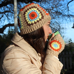 Crochet Winter Accesory, Knitted Beanie and Gloves, Gift For Woman, Granny Square Beanie Set, Handmade Crochet Accessory, Multicolor collar image 4