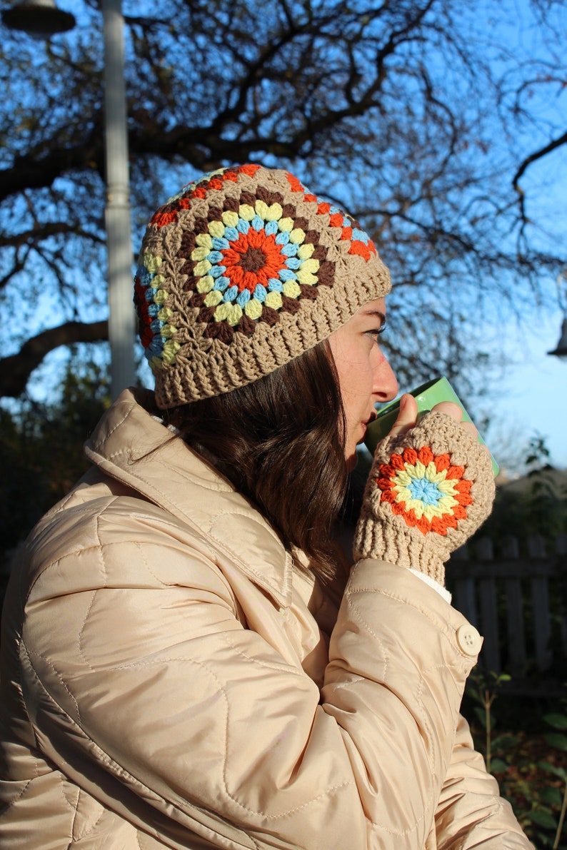 Crochet Winter Accesory, Knitted Beanie and Gloves, Gift For Woman, Granny Square Beanie Set, Handmade Crochet Accessory, Multicolor collar image 4