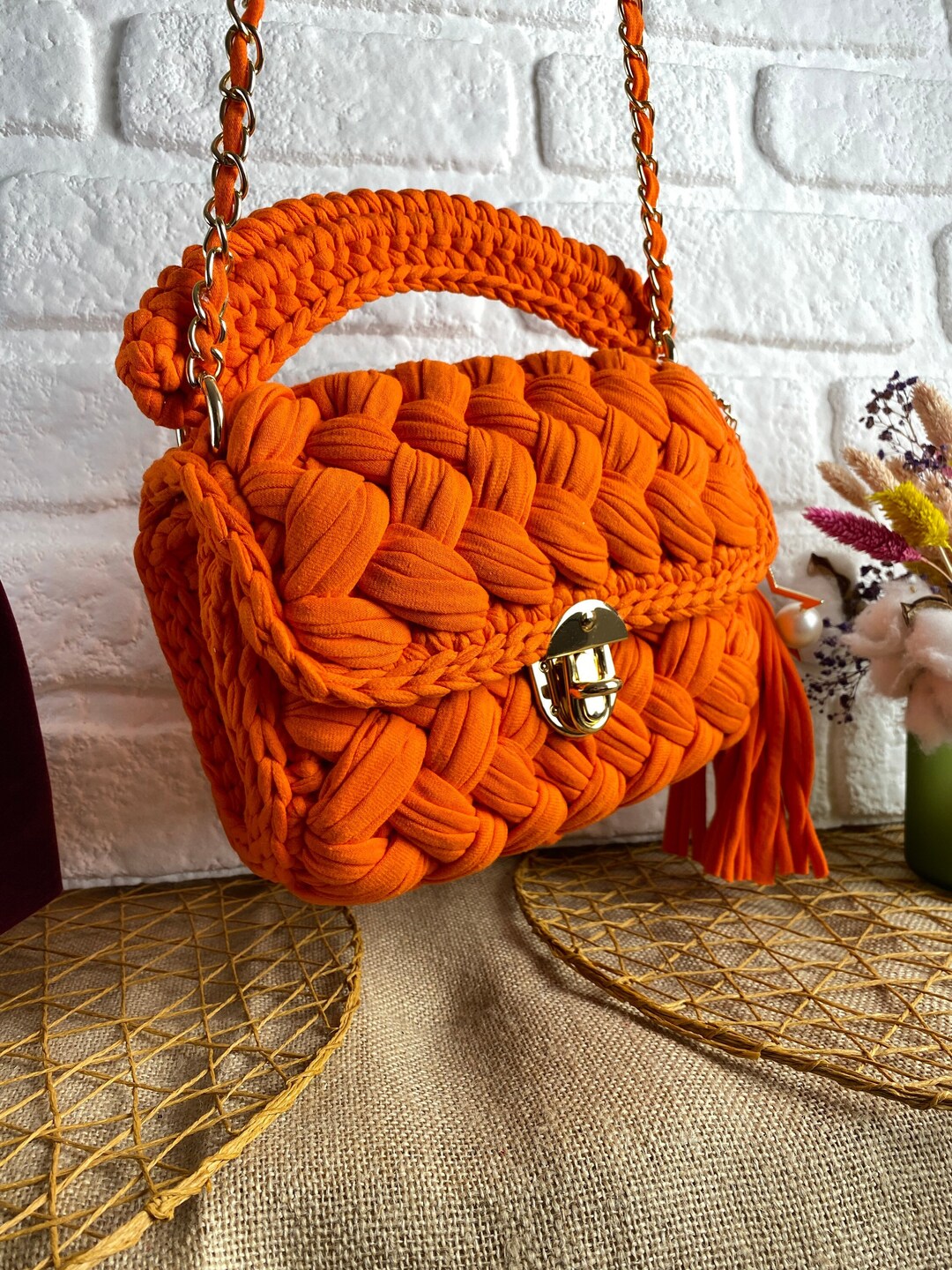 Shoulder Orange Bag/ Crochet Box Bag/ Cluth Bag/ Boho Bag/ Handmade