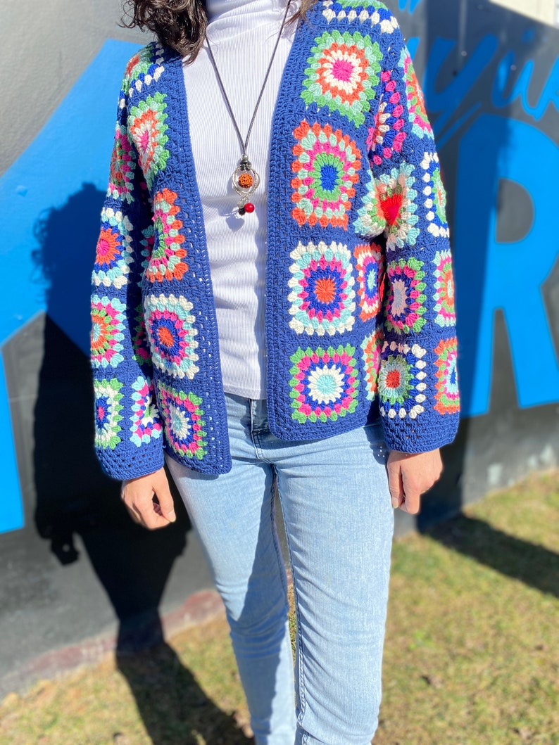 Granny Square Cardigan, Winter Sweater, Wool, Crochet Bohemian Cardigan, Vintage Handmade Fashion Dress, Gift for Her, Women Clothes, Boho Blue