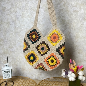 Crochet shoulder bag, Granny square bag, Gift For Birthday, Bohemian style purse, Sunflower vintage bag, Afghan Bag, Gift for Woman purse Bag7