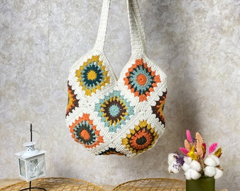 Sac à bandoulière au crochet, sac carré de grand-mère, cadeau pour anniversaire, sac à main de style bohème, sac vintage tournesol, sac afghan, sac à main cadeau pour femme