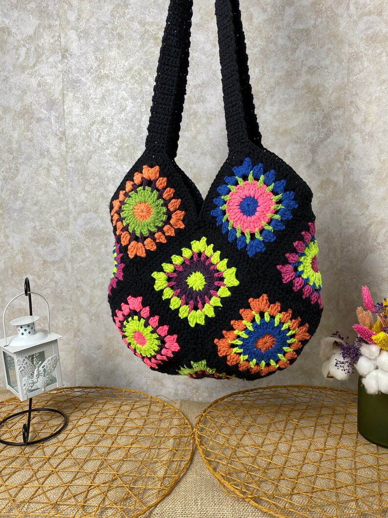 Crochet Tote Bag, Boho Bag, Handmade Purse, Shoulder bag, Day Bag, Cotton Bag, Woman Bag, Crossbody Bag, Granny Square Bag, Hippie Tote Bag image 5