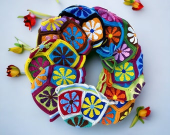 Gorro cuadrado de ganchillo hecho a mano estilo abuela, gorro multicolor para festivales
