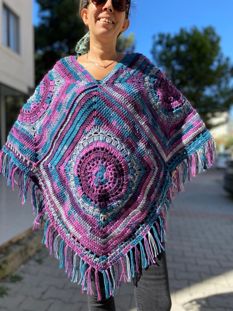 Crochet Ponchos, Oversize sweater, Lightweight Sweater, Winter Women's Crochet Sweater, Boho Poncho, Gift For Her, Hand Knit Tasseled Poncho image 2