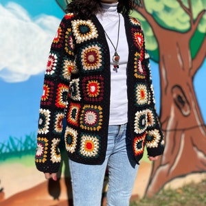 Granny Square Cardigan, Winter Sweater, Wool, Crochet Bohemian Cardigan, Vintage Handmade Fashion Dress, Gift for Her, Women Clothes, Boho image 2