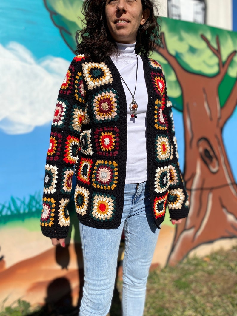 Granny Square Cardigan, Winter Sweater, Wool, Crochet Bohemian Cardigan, Vintage Handmade Fashion Dress, Gift for Her, Women Clothes, Boho zdjęcie 2