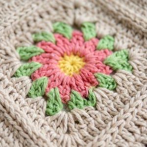 May include: Close-up of a crocheted square featuring a floral design. The flower has a yellow centre, pink petals, and green leaves. The surrounding crochet is a neutral beige colour, creating a textured, handmade appearance. Ideal for home decor.