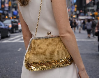 Gold Sequin Crochet Evening Bag, Handmade Chain Shoulder Purse