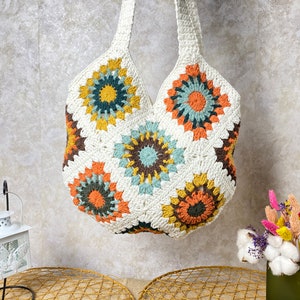 Crochet shoulder bag, Granny square bag, Gift For Birthday, Bohemian style purse, Sunflower vintage bag, Afghan Bag, Gift for Woman purse image 2