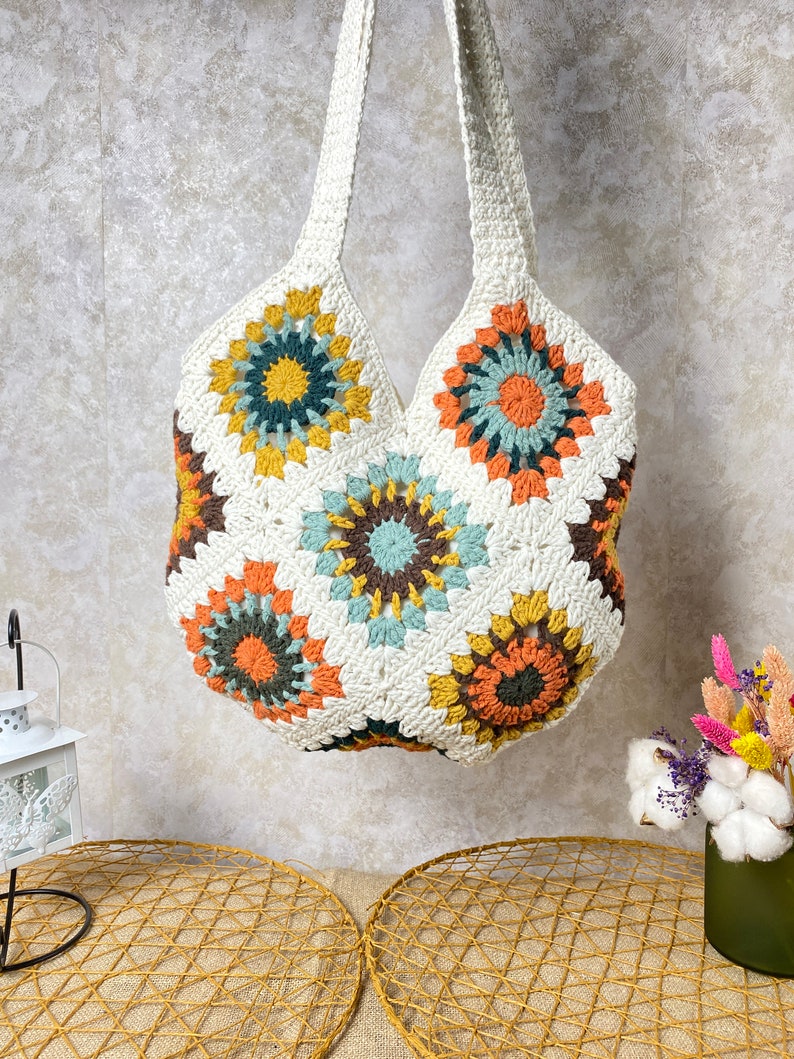 Crochet shoulder bag, Granny square bag, Gift For Birthday, Bohemian style purse, Sunflower vintage bag, Afghan Bag, Gift for Woman purse image 2