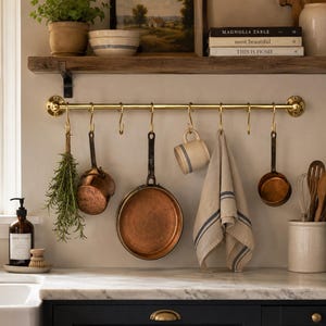 Unlacquered Brass Hanging Pot Rack, Wall Mounted Kitchen Rail with Hooks, Brass Utensil Rack, Kitchen Hook Rail, Farmhouse Storage