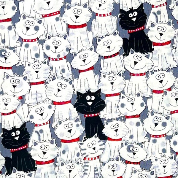 Cat Fabric, Black, White, Red Animal fabric, Quilting fabric, Gail Timeless Treasure TT-C3040