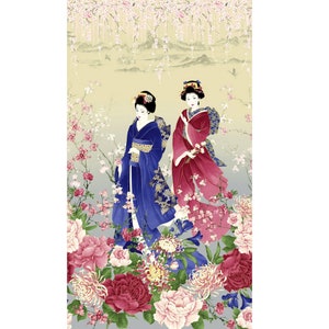 PANEL z tkaniny Sakura Japanese Geisha firmy Chong-a Hwang – bawełna pikowana z metalicznym akcentem