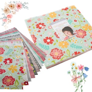 May include: A pack of 12 fabric squares featuring a floral design in shades of red, yellow, and green on a light blue background. The fabric squares are arranged in a fan shape. The fabric squares are labelled "Moda Flower Mill Fat Quarters".