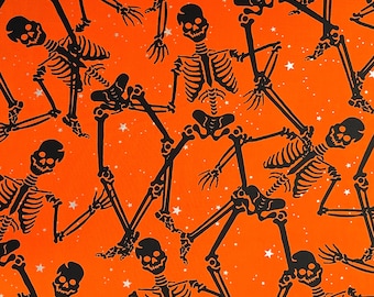 Skeleton fabric Orange Black fabric with Silver metallic Gothic Glam Fabric Benartex BT-CM4938 Orange Halloween Cotton Quilting fabric