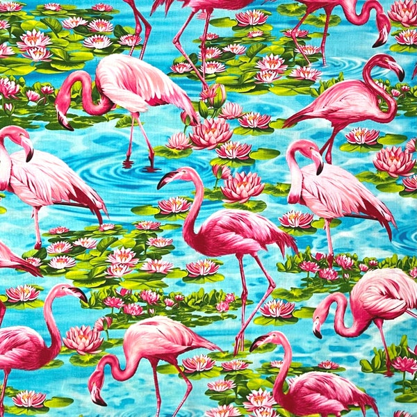 Flamingoes Fabric, Cotton Quilting Pink Turquoise, Timeless Treasures TT-C1710