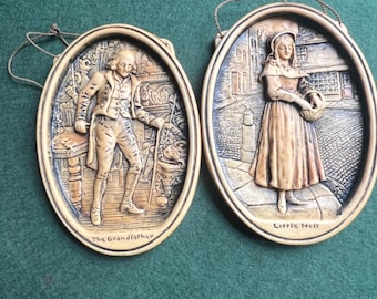 Pair of Vintage 3D wall plaques Charles Dickens The Old Curiosity Shop. Art Deco Wall decor.