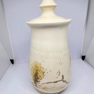 Vintage studio pottery Mochaware lidded pot Cream glaze with tree design detail in the style of Vanessa Waller Quirky tall sugar tea storage