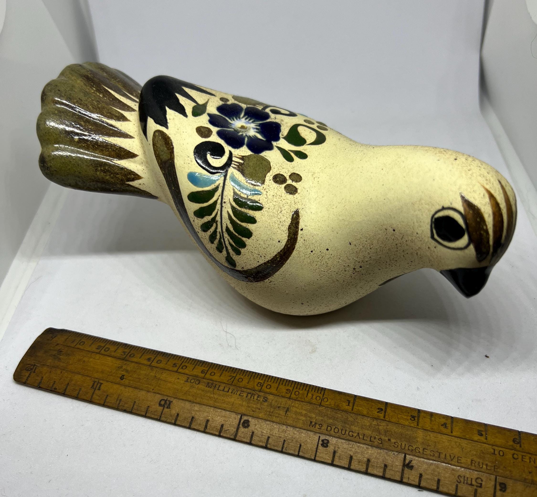Bird figurine Tonala Mexico stone ware hand painted bird ornament 