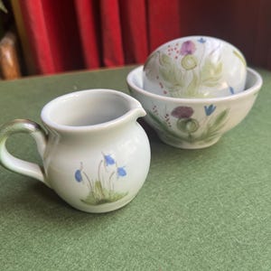 Vintage Buchan Pottery sugar creamer set. Thistle ware hand painted Scottish ceramic serving set.