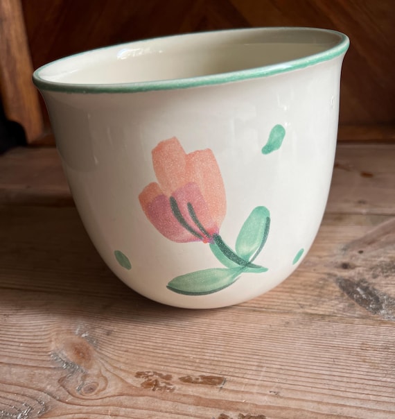 Vintage ceramic plant pot. White ceramic with hand painted pink tulip  design.