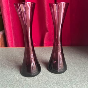 Vintage amethyst glass bud vase. 2 elegant hand blown art glass stem vases. 2 available. Original sticker Foreign. Flower lover gift.