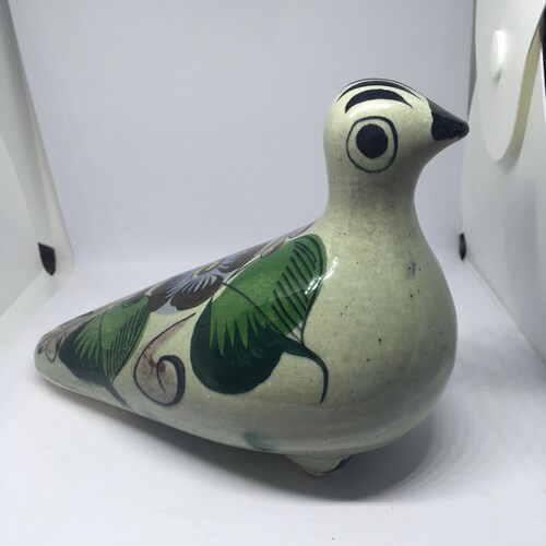 Vintage Mexican Tonala pottery bird. Hand painted. Signed. Folk Art.