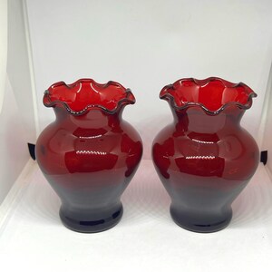 2 Ruby Red glass vases. Anchor Hoking ruffle edged posy vase. Glass collector gift. Sold Separately.