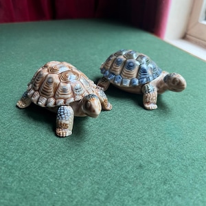 May include: Two ceramic tortoise figurines featuring detailed shells with concentric patterns in shades of brown, tan, and blue. Each tortoise has a textured head and legs with a light tan finish, showcasing realistic anatomical features and markings.