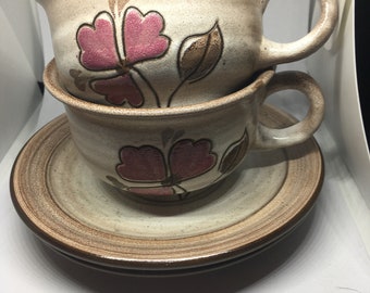 French ceramic coffee hot chocolate soup mugs and saucers. Floral design. Stamped Niderviller France. Hand painted  2 available