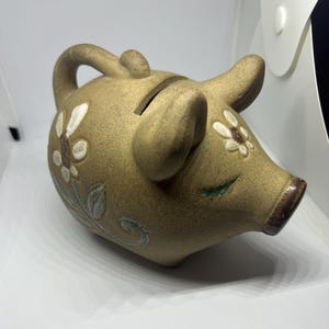 Vintage stoneware piggybank. Cute studio pottery sleeping piglet money bank Floral decor snoozing curly tailed pig Quirky animal lover gift